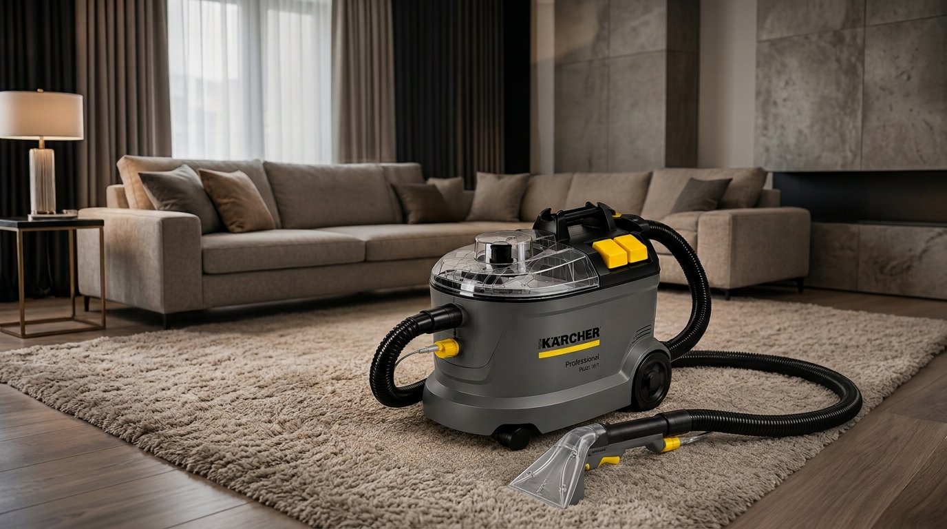 Kärcher Puzzi 10/1 kárpittisztító gép modern nappaliban, szőnyegen, kanapé mellett